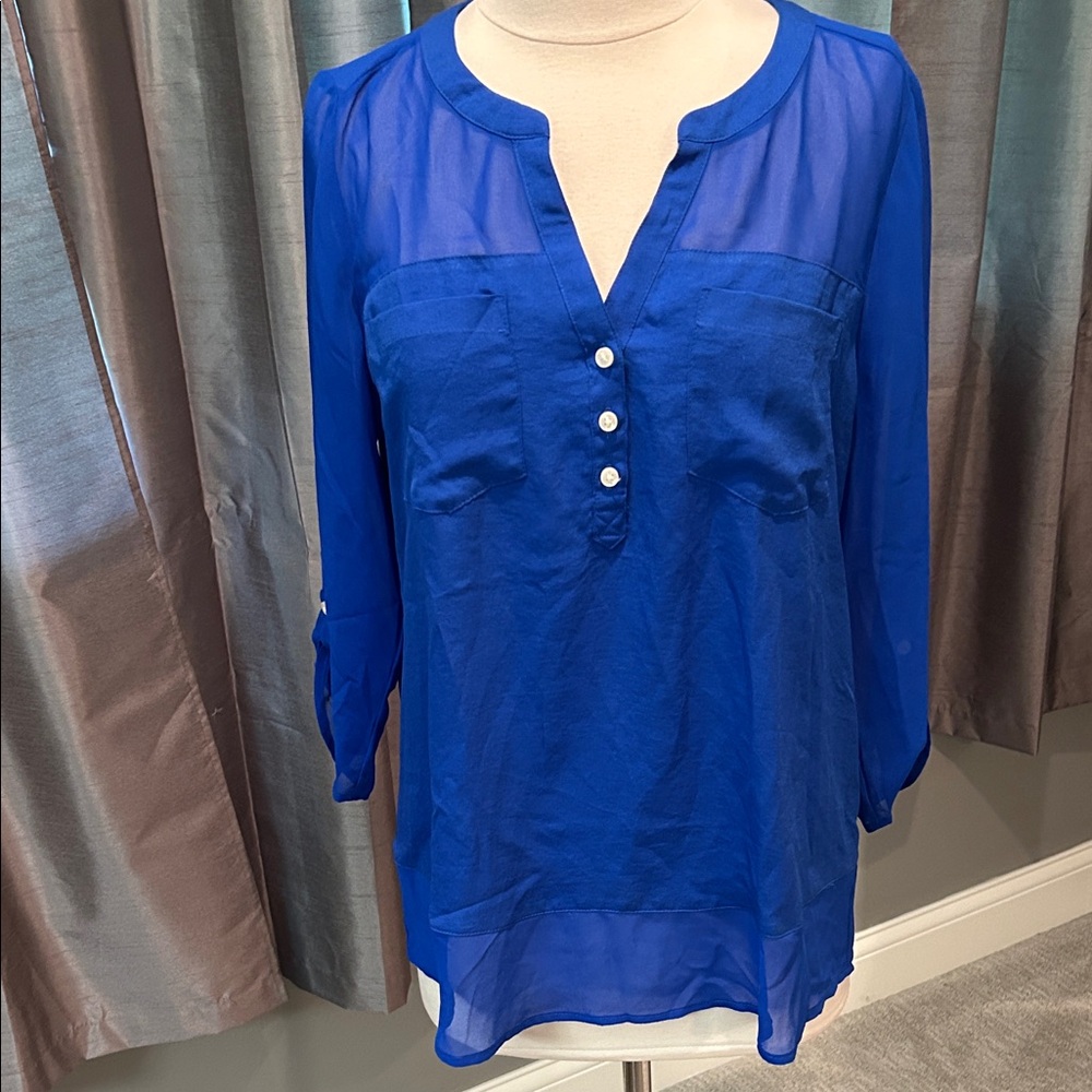 Express Vibrant Blue Women's Blouse with sheer sleeves& details